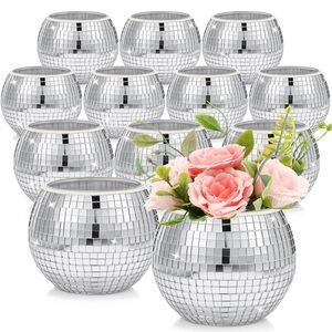 ⭐️Silver Mosaic Glass Vases/12 Pcs Disco Vase Ball Planter Candle Holder 3" X 4"
